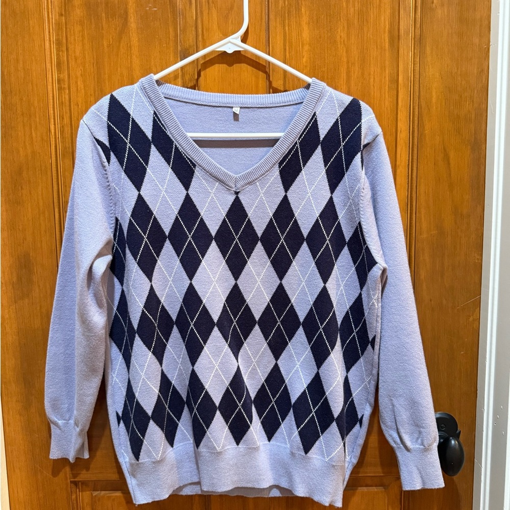 Argyle V-Neck Sweater in Blue and Black
